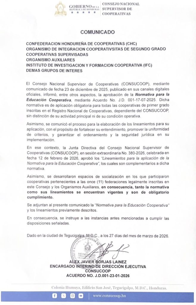 Comunicado: Normativa para la Educación Cooperativa